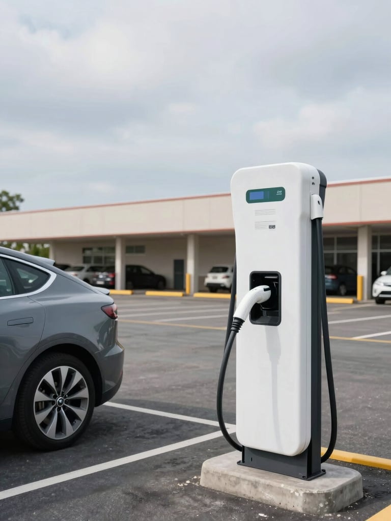 Wide environmental shot, natural daylight, overcast sky — a charging station installed in a commercial parking lot, the cable plugged into a parked electric vehicle, concrete columns and painted bays visible in background, no people, mid-morning clarity