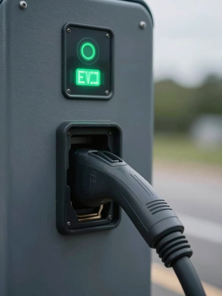 Extreme close-up of EV charging station status indicator panel showing green LED lights and a charging cable port, mounted on a dark powder-coated metal surface, overcast natural daylight, shallow depth of field with soft background