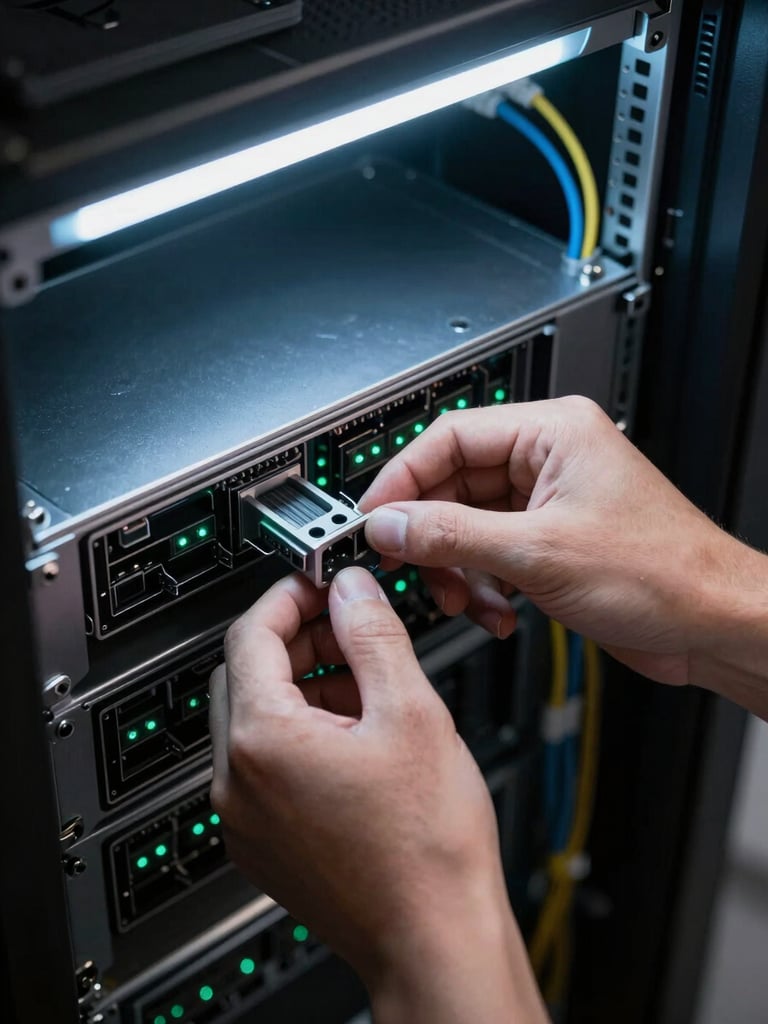 Close-up overhead shot of hands configuring a server panel, cool LED light from above casting precise shadows on cable management hardware, terminal-green indicator lights visible in background rack, dark environment