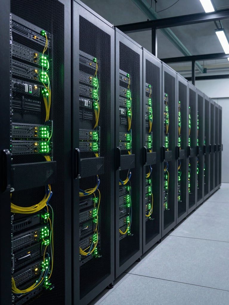 Wide environmental shot of a dark server room, dense rack columns receding into depth, cool LED strips casting terminal-green light across cable bundles and blinking status indicators, no people, low horizon framing
