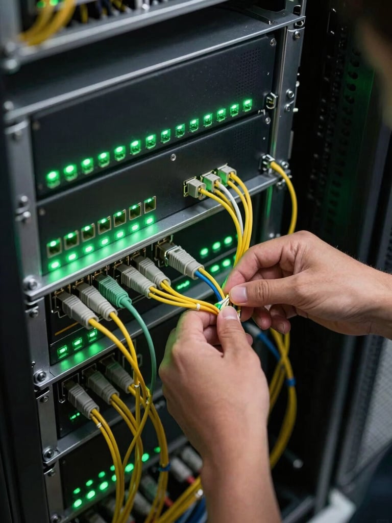 Close overhead shot of a technician's hands configuring fiber patch cables in a dense server rack, cool LED wash illuminating green indicator lights against dark brushed-metal chassis, terminal-green glow reflecting off cable management brackets
