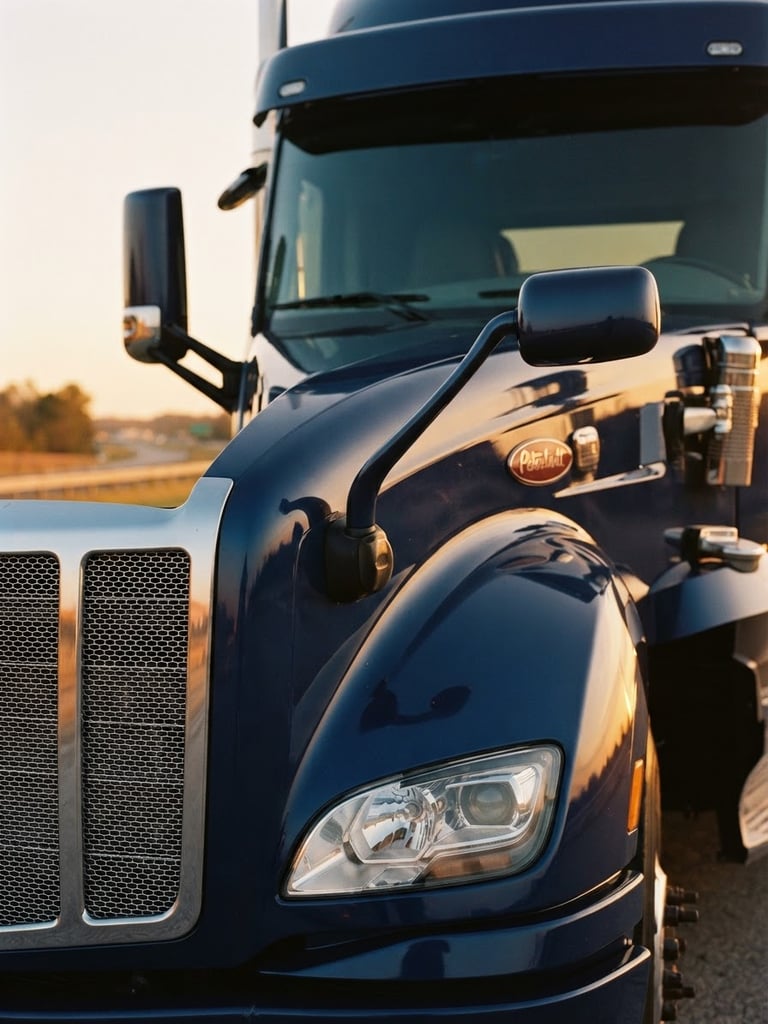 Tight close-up of a clean semi-truck cab in golden-hour sunrise light, sharp focus, 35mm