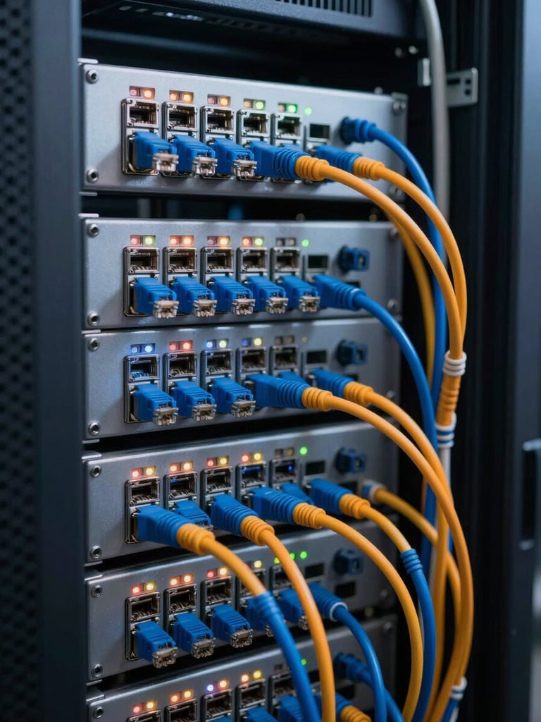 A close-up shot of a clean server rack with blue and orange ethernet cables perfectly routed, indicator lights blinking, cool technical lighting.
