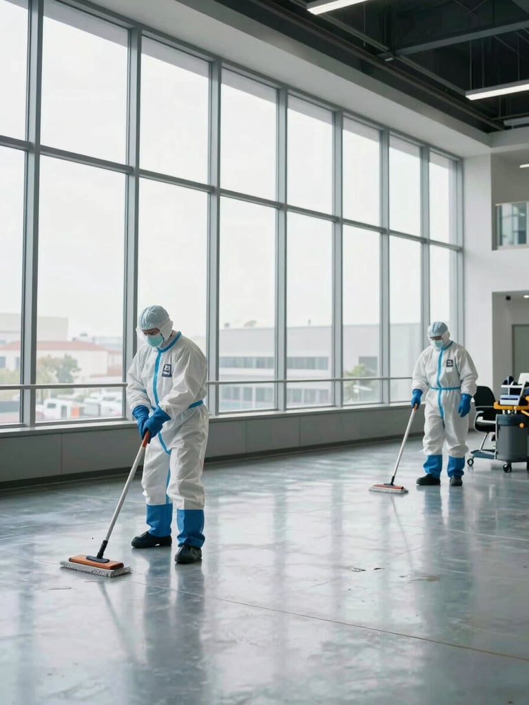 Wide environmental shot of two crew members in protective gear and gloves cleaning a large commercial office interior, bright even daylight through floor-to-ceiling windows, mops and professional equipment visible, straight-on 45-degree angle framing, clean polished floor reflecting the light