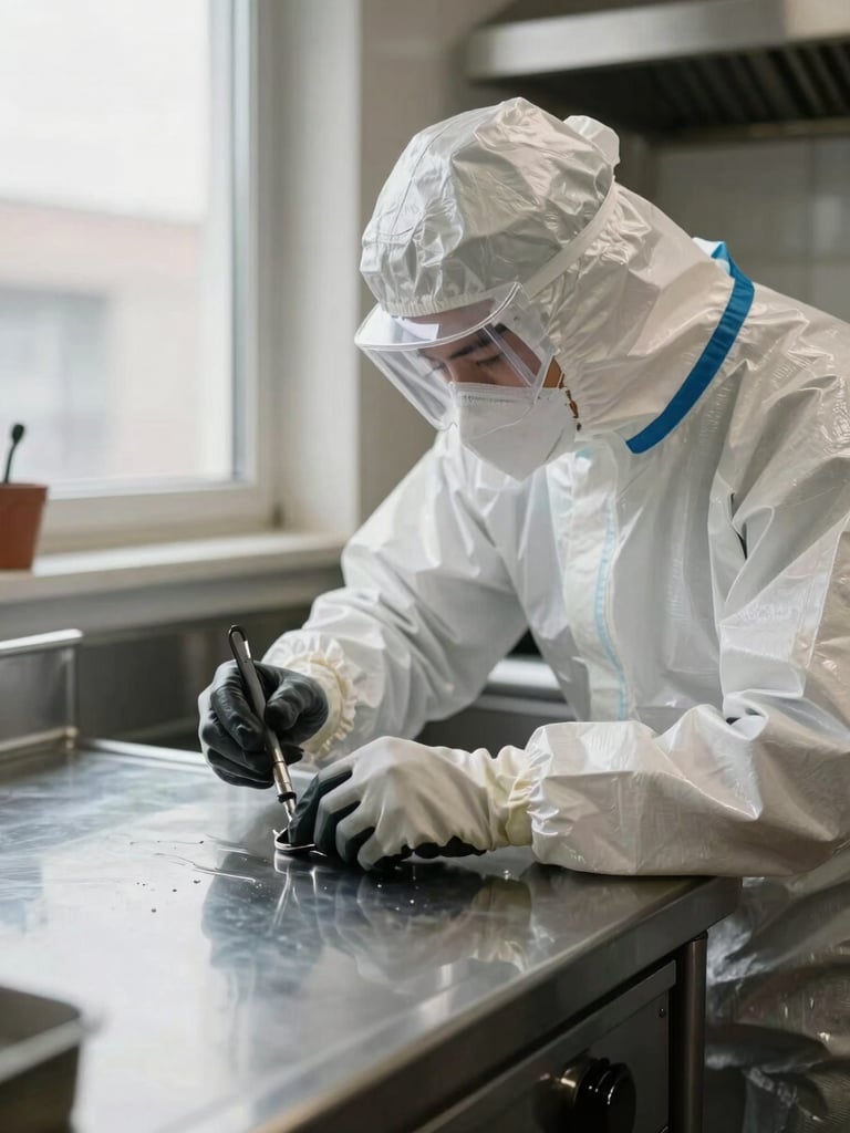 Tall portrait photograph of a crew member in protective overalls and gloves performing detail work on a stainless steel kitchen surface, close-up 45-degree angle, bright even natural daylight from a window to the left, tool in hand, surface visibly clean