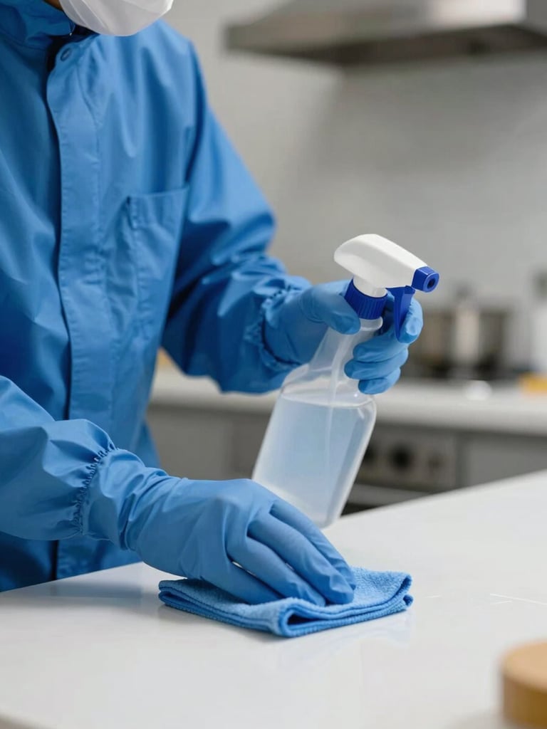 Close-up environmental shot of a crew member in blue protective gear applying detail cleaning to a kitchen countertop surface, natural studio lighting illuminating the clean white surface, professional cleaning cloth and spray bottle visible, straight-on framing showing the precision of the work