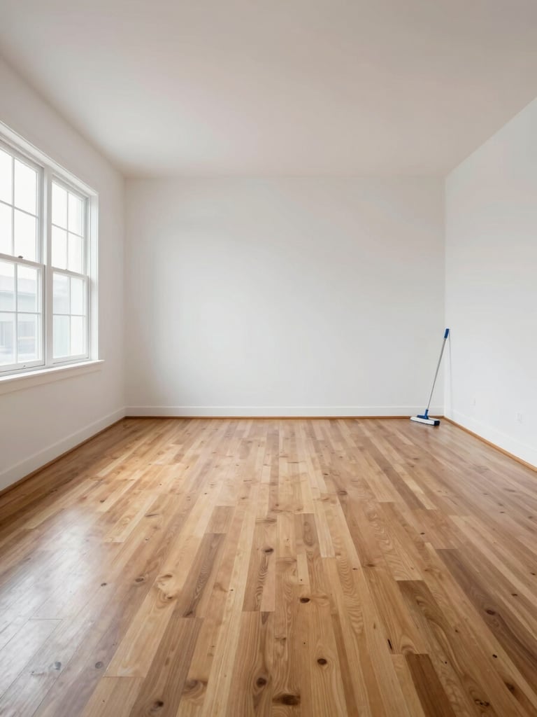 Wide environmental shot of a spotless, empty residential room photographed straight-on — white walls, hardwood floors gleaming under even natural daylight from a large window to the left, no furniture, a mop resting against the far wall — straight-angle composition showing the finished clean state clearly