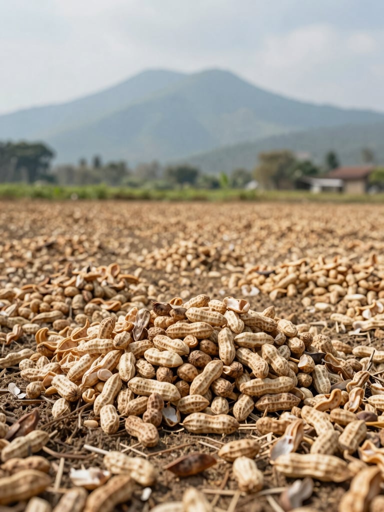 Wide shot of a sunlit Indonesian peanut farm during harvest, mountains in the background, soft natural daylight