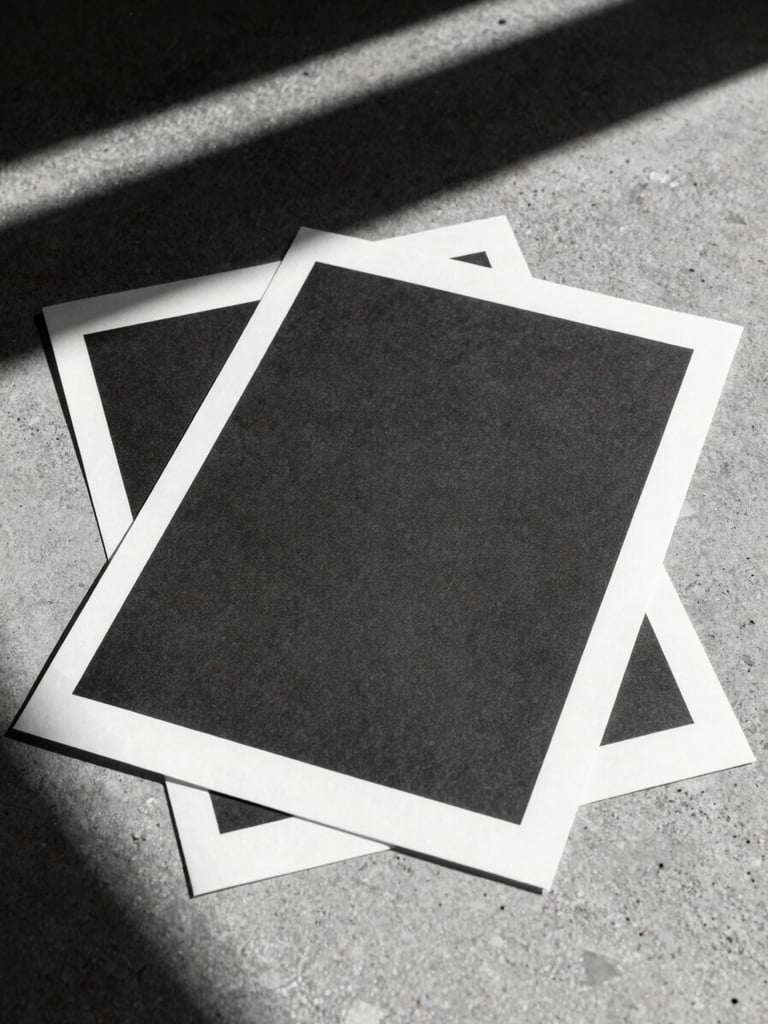 Stark monochrome editorial photograph of physical print mockups on a raw concrete surface, harsh graphic shadows from direct sunlight, high-contrast black and white, sharp focus.
