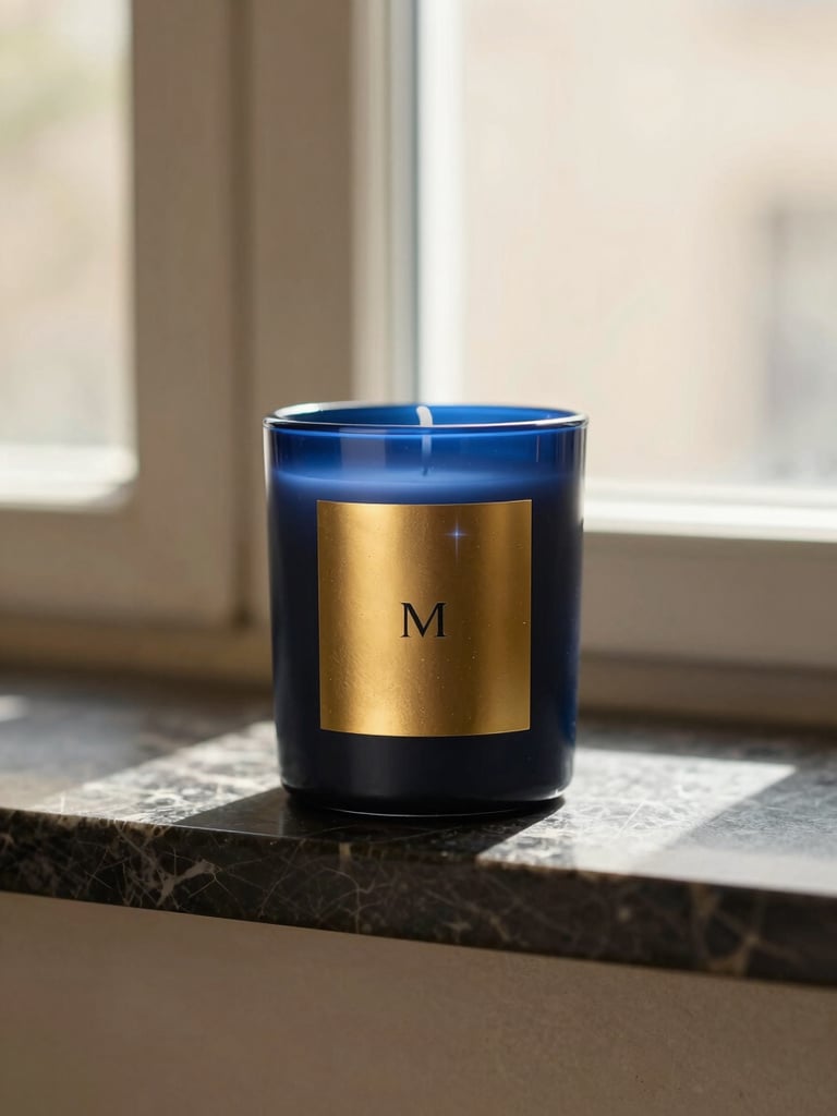 Styled vignette of an artisanal candle on a dark marble mantle, warm morning window light, soft shadow play, rich navy and gold tones, shallow depth of field, 35mm