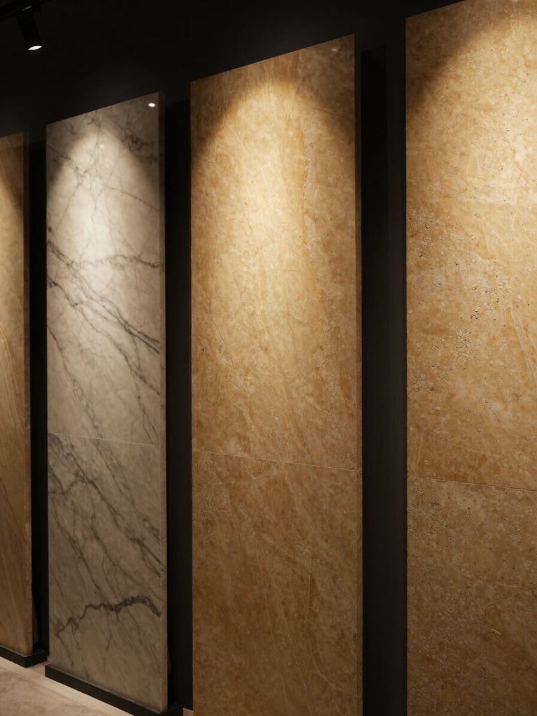 Close-up of a minimalist showroom display in Indore featuring large vertical slabs of polished marble and textured sandstone under warm spotlights, architectural precision, 35mm