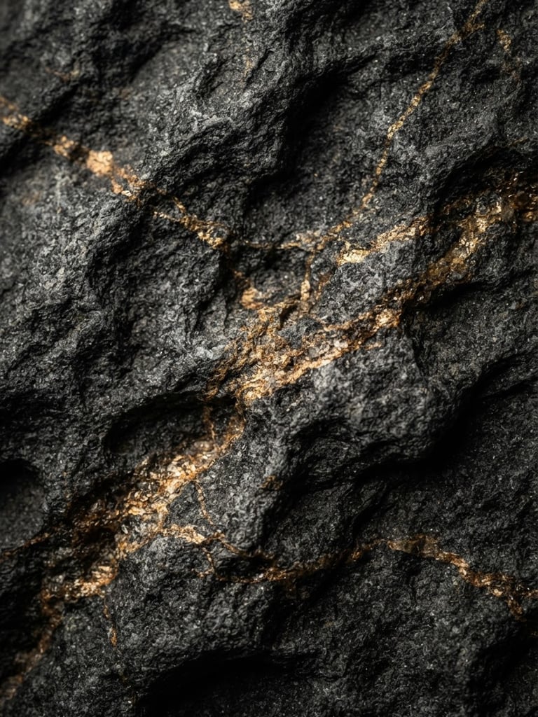 Macro close-up of dark grey Kandla Grey stone texture, dramatic low-key side lighting highlighting natural clefts and gold-toned quartzite veins, 35mm architectural photography
