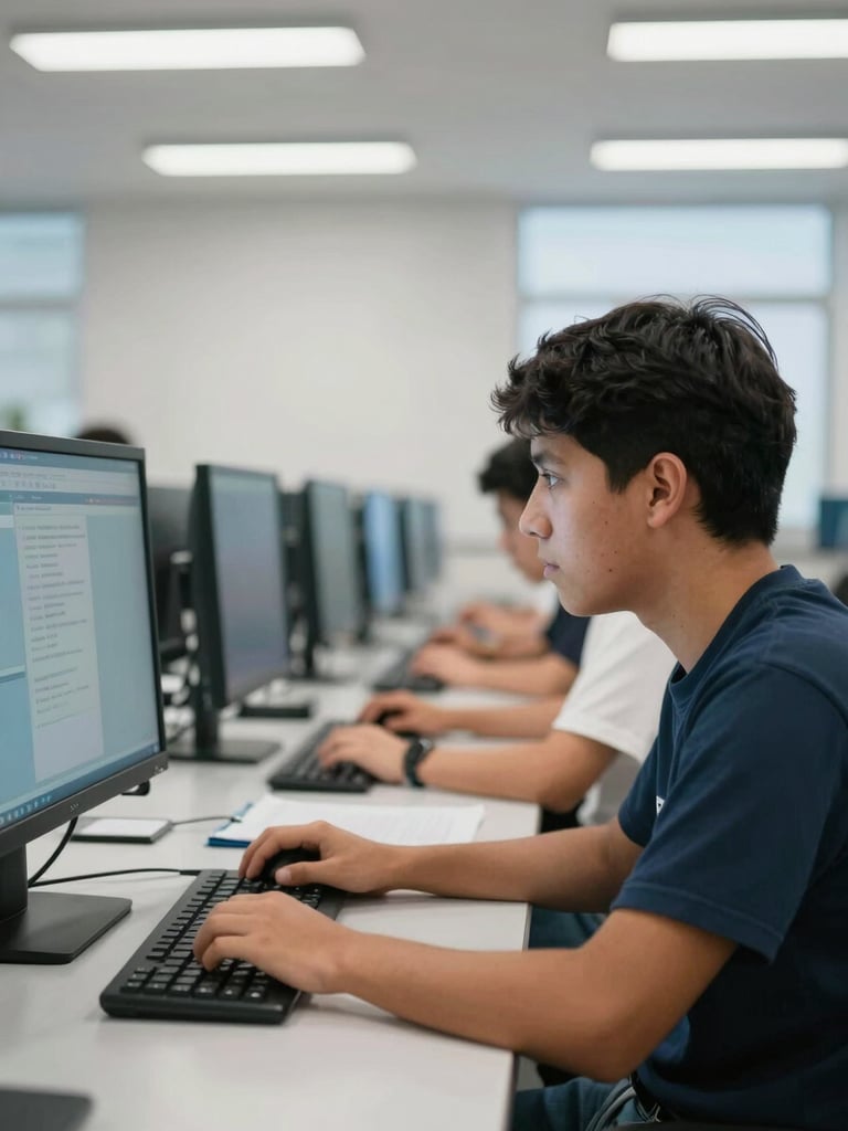 Dynamic medium-close shot of a Peruvian student collaborating in a bright, modern computer laboratory, cool-toned screen glow on their face, clean lines, professional atmosphere, natural daylight mixing with subtle screen light.