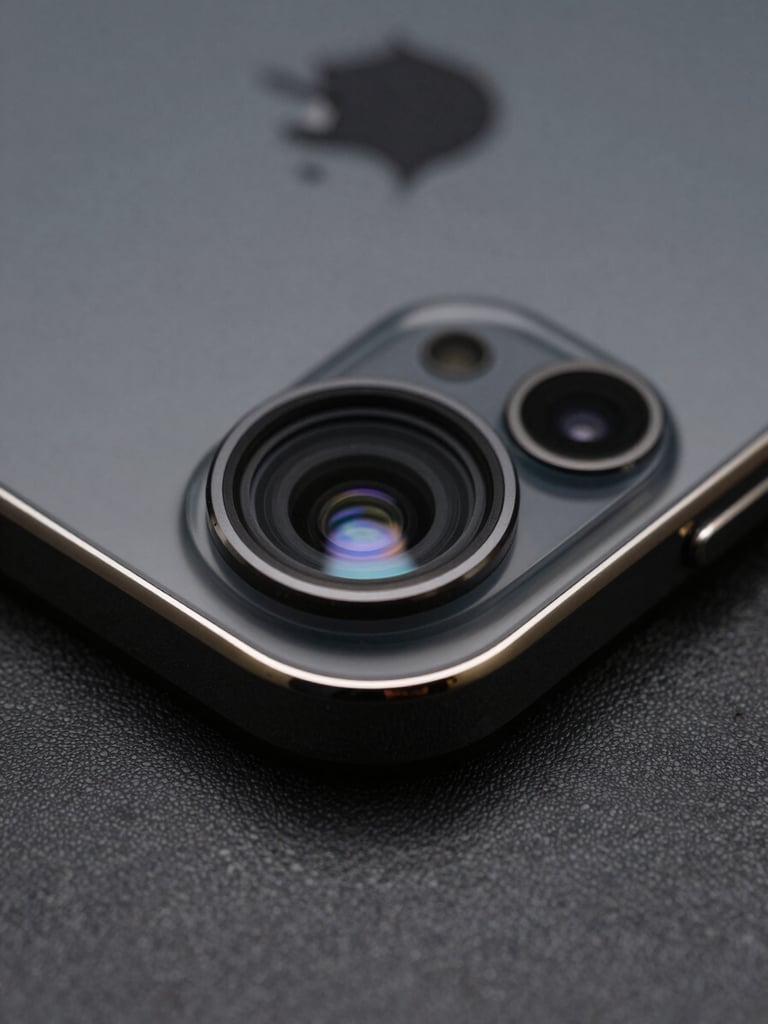 Macro shot of a pristine iPhone's camera lens and bezel, reflecting studio lights, on a dark textured surface, premium product photography, high-contrast studio lighting, deep obsidian and titanium gray tones, 85mm lens