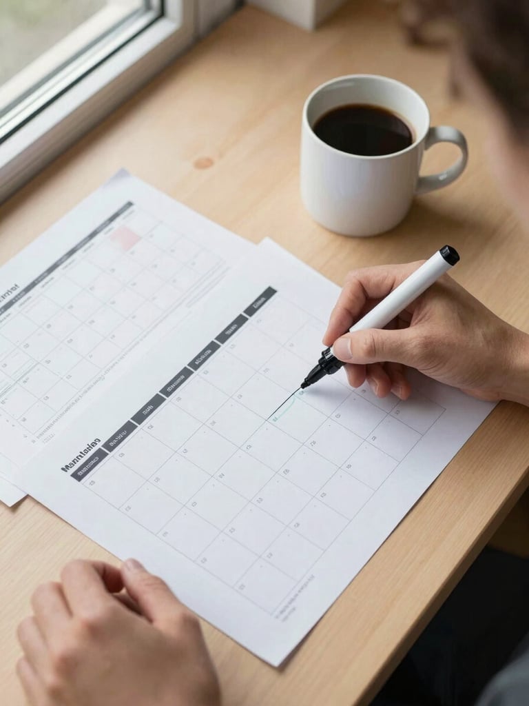 Close overhead flat-lay of a marketing planning session on a light wood desk: printed content calendar sheets, a mug of coffee, a hand holding a marker mid-annotation, natural north-facing window light, no faces visible