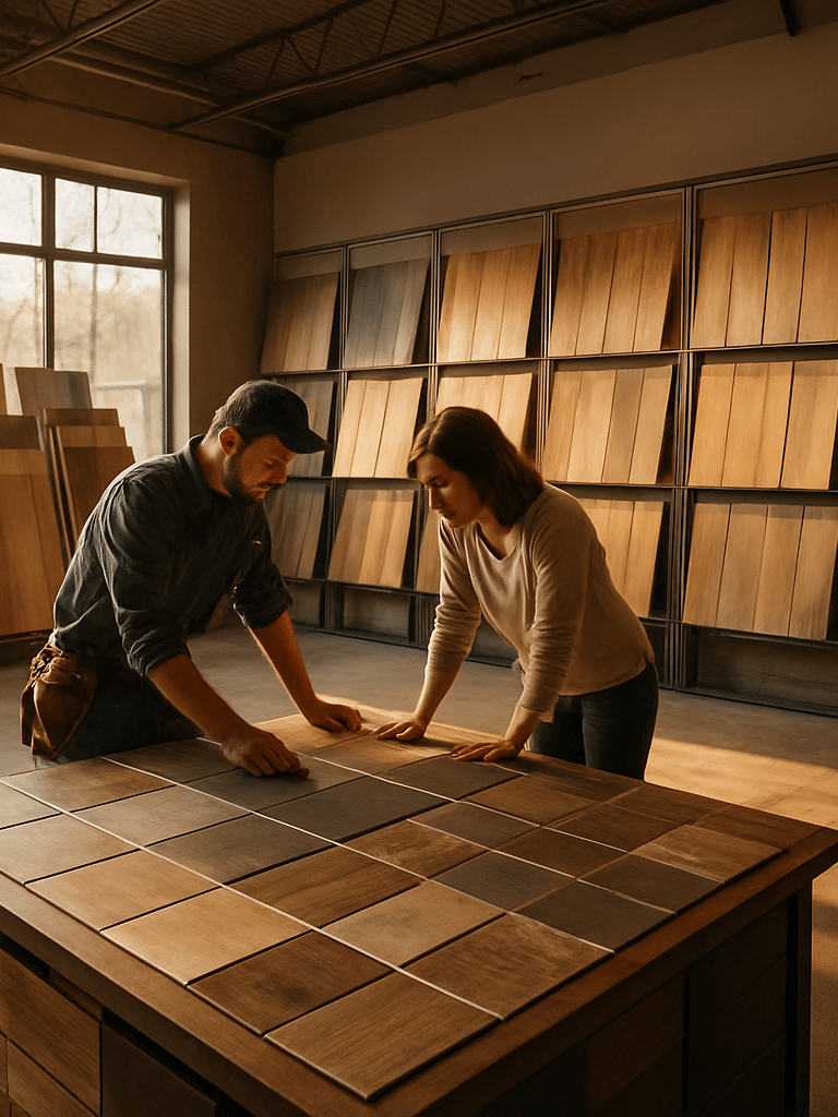 Wide interior of a flooring showroom in morning daylight, rows of sample boards and flooring panels displayed along the walls to the right, warm amber light streaming through large windows, a contractor and homeowner leaning over a display table examining samples, overhead view of the showroom floor showing material variety