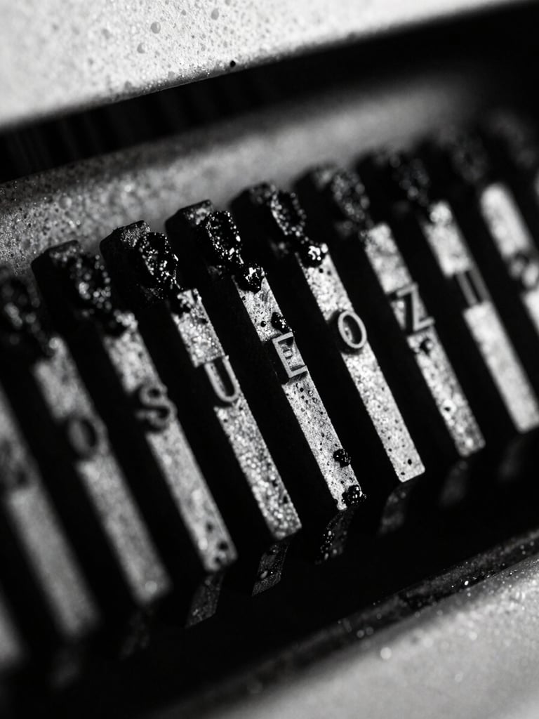 Macro close-up of a printing press metal type blocks covered in black ink, deep shadows, stark high-contrast lighting