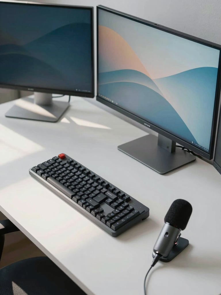 Wide environmental shot of a clean modern creator desk setup, monitors glowing softly with natural daylight streaming in from the left, mechanical keyboard and a compact microphone in focus, minimal cable management visible, shot from a slight overhead angle showing the full workspace surface