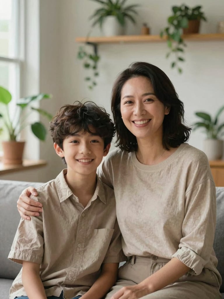 A warm, natural light portrait of a mother and her young adult son smiling together in a modern, plant-filled living room, soft focus background, authentic and dignified.
