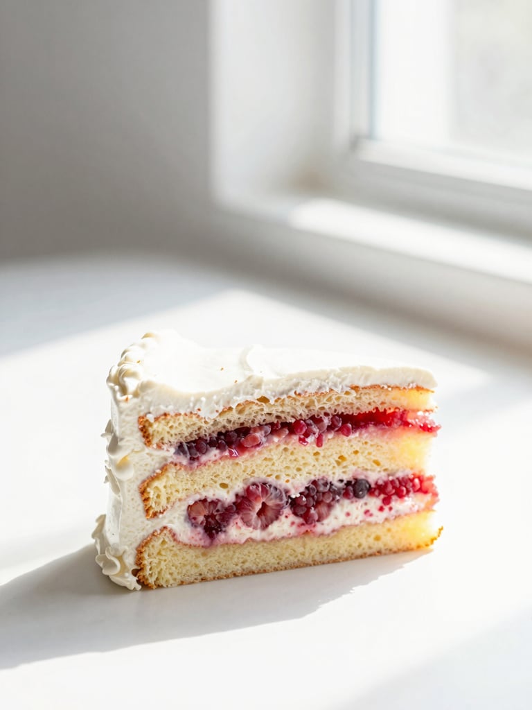 Bright, natural side-lighting with soft shadows, macro shot of a clean-cut cake slice showing pristine internal layers of raspberry filling and vanilla bean sponge, white minimalist background