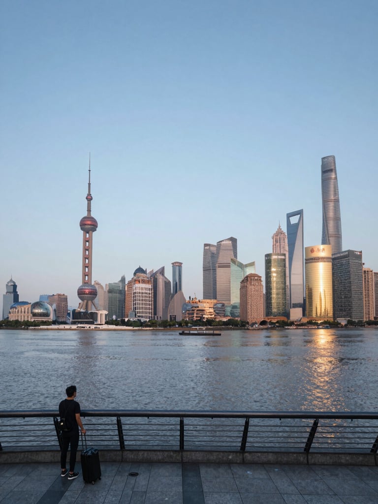 Wide panoramic view from the Bund in Shanghai at early morning, Pudong skyline across the Huangpu River to the right, calm water reflecting blue-grey dawn light, a lone traveler with a rolling suitcase on the promenade in the left foreground, generous empty sky above