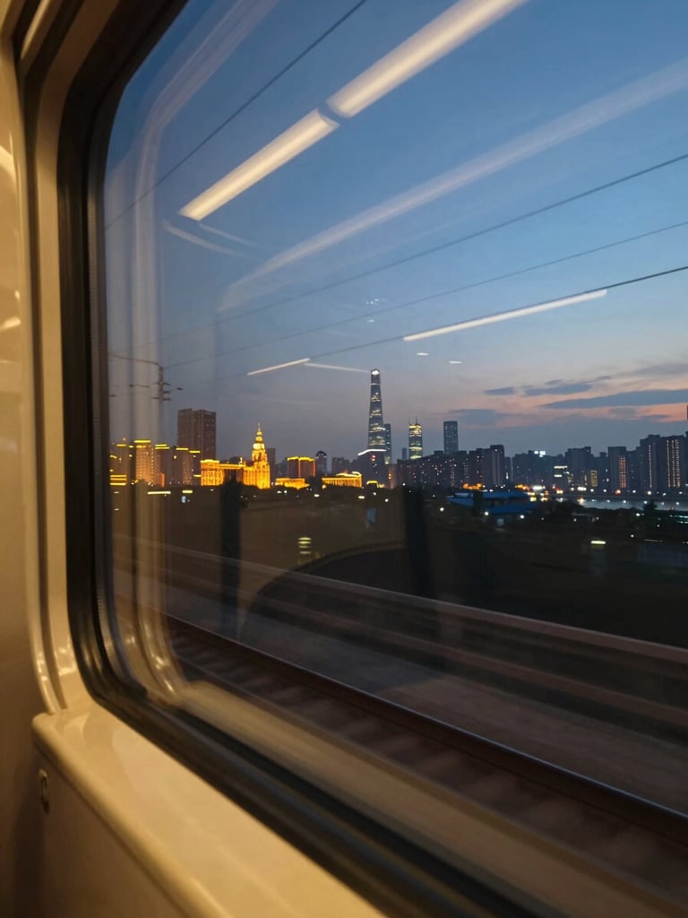 Wide view through a train window at dusk, city lights of Shanghai beginning to glow on the horizon, the window frame cutting the left edge, motion blur on passing tracks below, warm amber light bleeding into deep blue sky