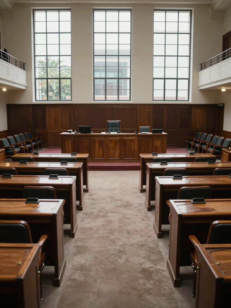 Wide interior view of a formal Mexican legislative chamber, rows of wooden desks receding into the background, tall windows casting even daylight across the room, empty seats conveying institutional weight and civic expectation, documentary framing, no people