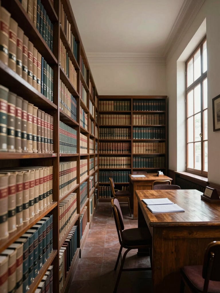 Wide interior shot of a Mexican state archive reading room, tall shelves of bound legal volumes receding into depth on the left, a single wooden table with open documents under cool window light from the right, empty chairs, no people — institutional solitude and accumulated history