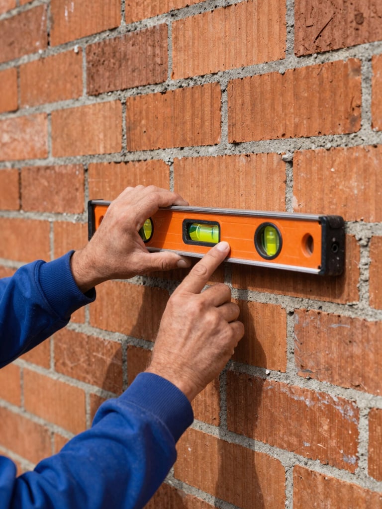 Close-up of a builder's hands holding a spirit level on a perfectly aligned brick wall, bright daylight, realistic construction site, 35mm