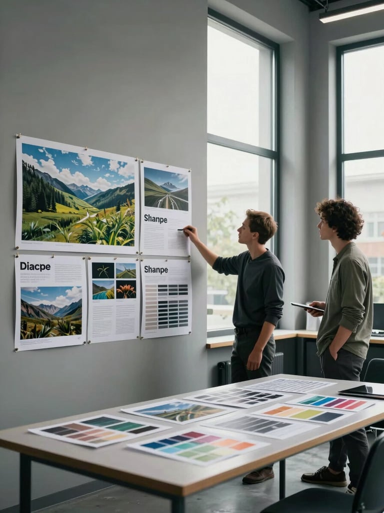 Wide environmental shot, left-third composition — a brand campaign layout pinned to a studio wall under cool daylight from a tall window, showing printed photography alongside type-set design boards reviewed by two people standing at a slight angle, papers and color swatches on a long table in the foreground
