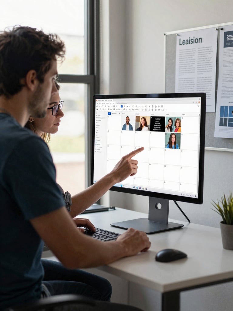 Medium shot — two people at a standing desk reviewing a social content calendar displayed on a large monitor, daylight from a window behind them, printed post mockups pinned to a board on the wall to the right; working context, not staged