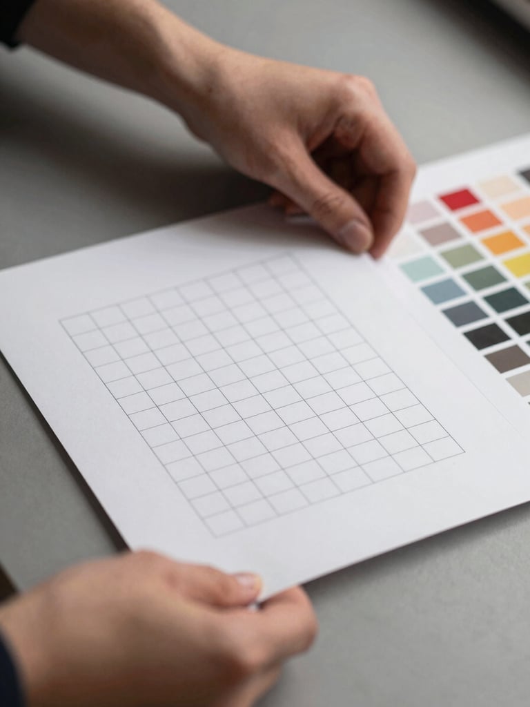 Close-up of hands arranging printed brand identity sheets on a matte surface under controlled studio strobe light, design grids and color palette swatches visible, shallow depth of field on the foreground sheet, no people's faces visible
