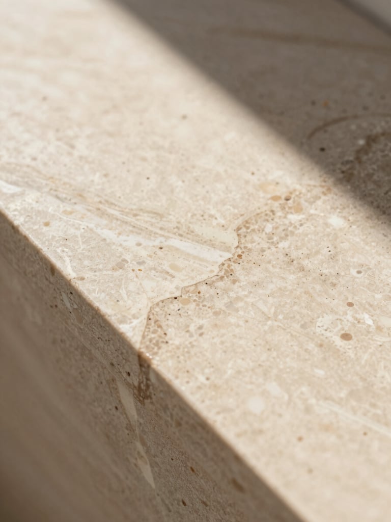 Close-up macro shot of premium cream travertine vein texture, warm natural desert sunlight, soft architectural shadows, editorial layout
