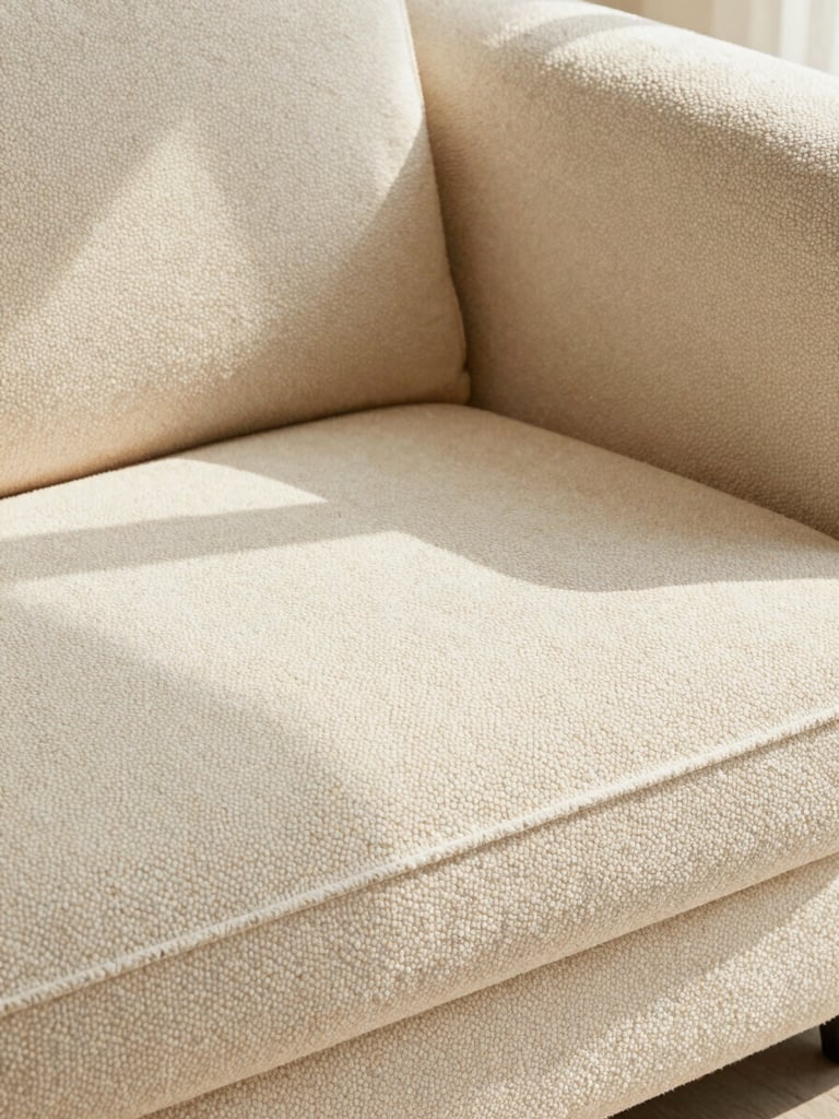 Close-up detail of textured ivory boucle fabric on a curved sofa, bright warm sunlight casting soft shadows, luxury residential feel