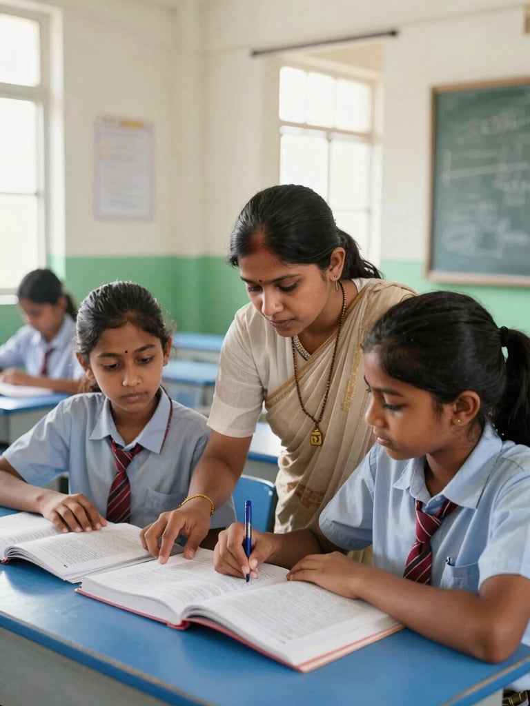 A warm editorial portrait of an Indian educator guiding two high school students over a textbook in a bright, naturally lit classroom in Andhra Pradesh, 35mm.