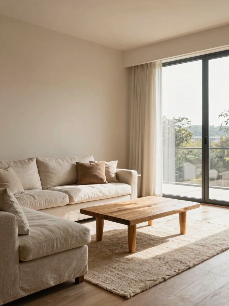 Wide environmental shot of a complete living room interior, warm north-facing daylight flooding through tall windows to the right, a linen sofa anchoring the left foreground, a low oak coffee table set in clear spatial relationship to the sofa, a textured wool rug visible beneath both, walls in soft warm plaster tone, no people, clear sightlines showing furniture scale and floor plan