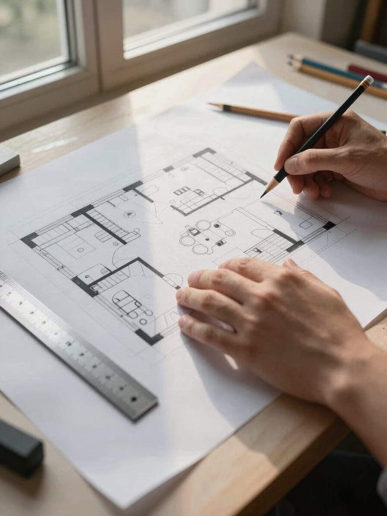 Wide-angle close-up of an architectural drafting table, a hand-drawn floor plan spread across it, pencils and a scale rule resting beside the paper, warm north-facing window light raking across the surface revealing paper texture — no people, no faces, just the working surface and the marks on it