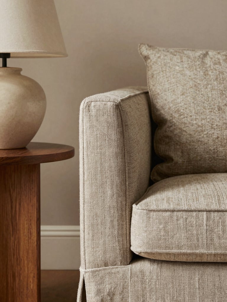 Close-up editorial detail of a corner in a designed living room, a textured linen armchair beside a slim side table with a ceramic lamp, warm even daylight revealing fabric weave and wood grain, shallow depth showing wall colour and skirting behind, honest material clarity, no people