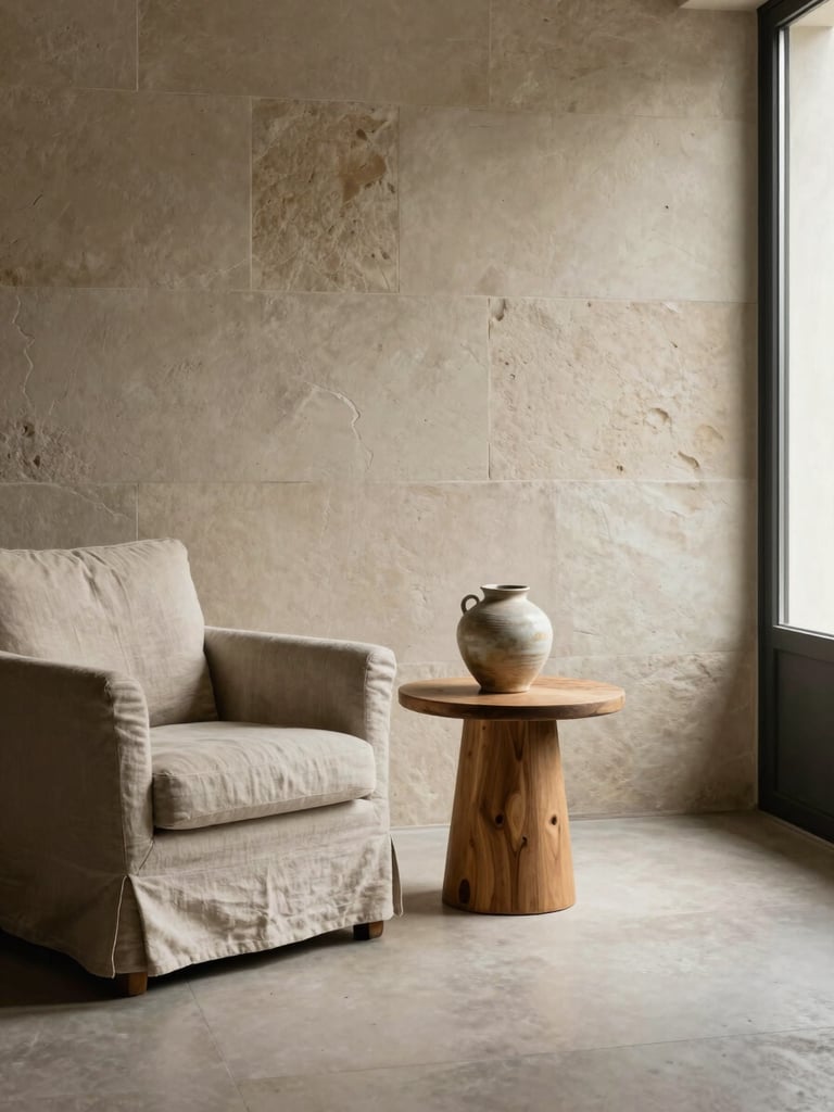 Wide interior still-life: a linen armchair and low oak side table occupy the left foreground, a stone-coloured wall behind, a single ceramic vessel catching soft north-facing daylight from an off-frame window to the right. Framing is environmental, showing floor-to-ceiling wall height and the chair's relationship to the table. No people. Warm, honest light with soft shadow edges. Portrait orientation, full-bleed edge.