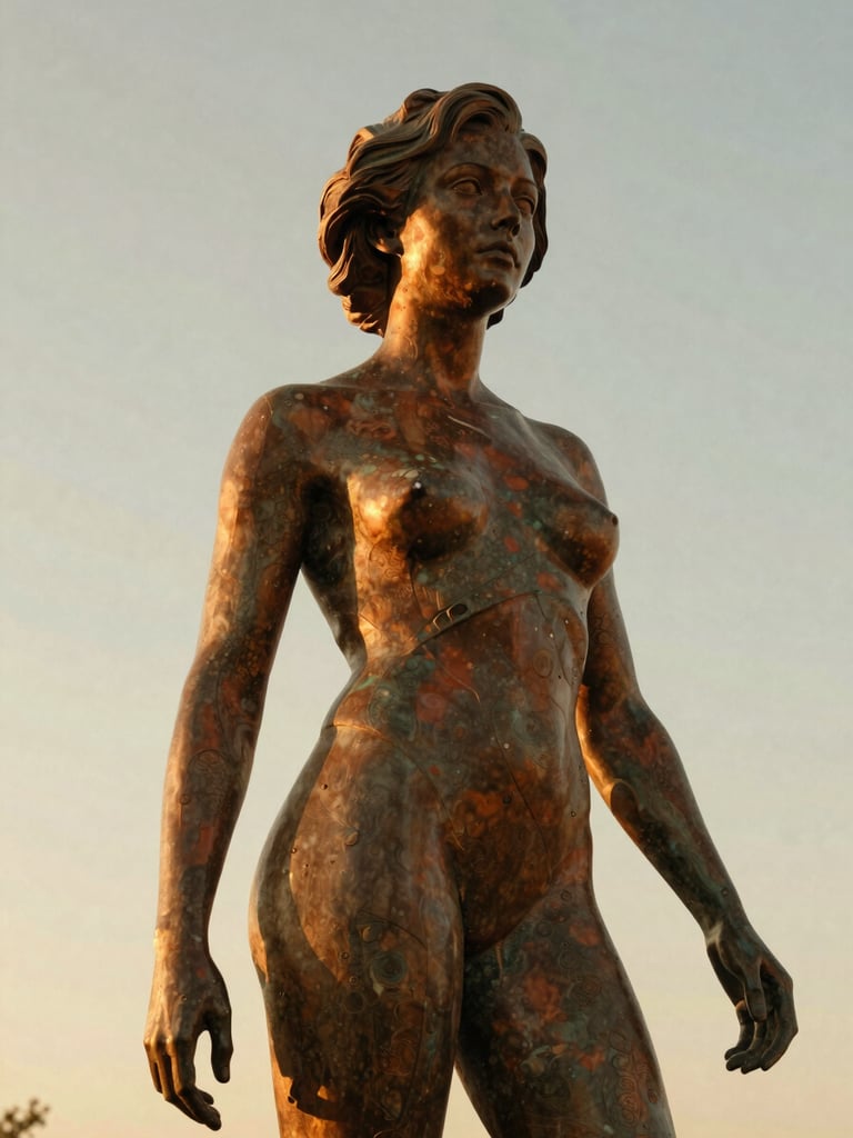 A low-angle shot of the Eliza Tibbets bronze statue in Riverside against a warm golden-hour sky, highlighting the intricate textures of the sculpture, 35mm film texture