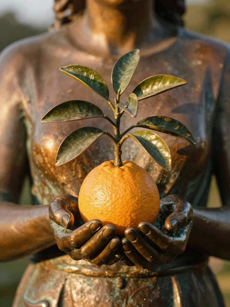 Close-up editorial photograph of the Eliza Tibbets bronze statue hands holding a small citrus tree, warm golden-hour light reflecting off the dark bronze, shallow depth of field, 35mm film texture.
