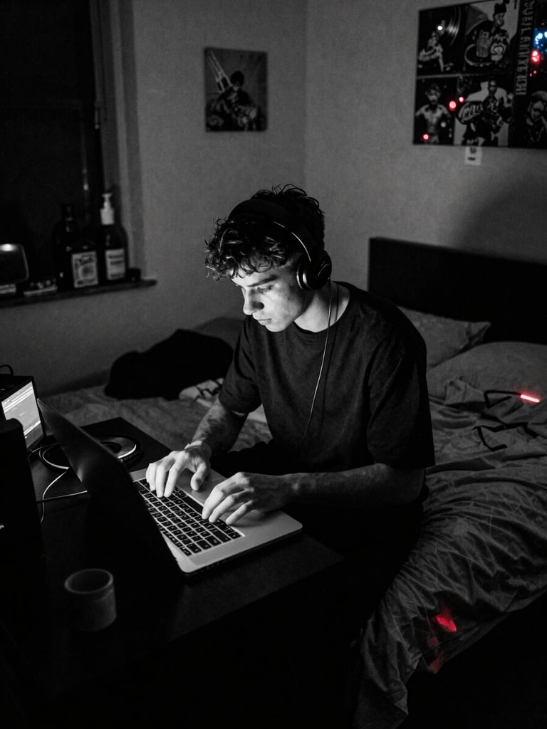 Gritty black and white documentary photo of a young producer making beats on a basic laptop in a small bedroom, raw street style, high-contrast shadows