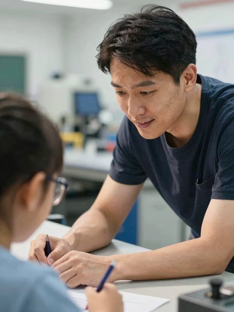 Candid close-up of a professional mentor guiding an apprentice at a modern manufacturing workbench, natural daylight, warm tones, shallow depth of field