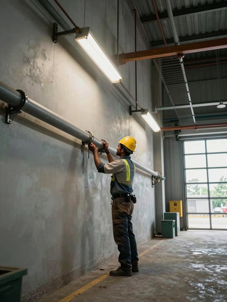 Wide environmental shot of a Jalandhar factory electrical job site — a licensed electrician running conduit along a high industrial wall, overhead fluorescent rigging, safety helmet visible, daylight through a large bay door