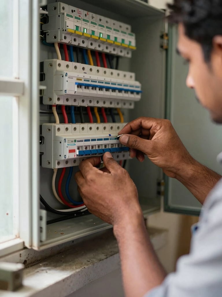 Close-up of a licensed electrician's hands installing MCB switches on a distribution board inside a Punjab residential site, natural daylight from a side window, tools and wiring visible in sharp focus