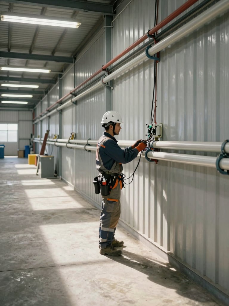Wide environmental shot of a licensed electrician running conduit wiring through an industrial facility, overhead fluorescent lighting casting sharp shadows on concrete floors and metal panels, safety helmet visible
