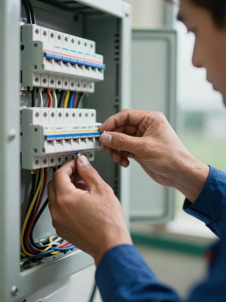 Close-up of a licensed electrician's hands installing MCB switches on a distribution board, natural daylight from a side window, wiring visible in foreground, industrial site background slightly out of focus
