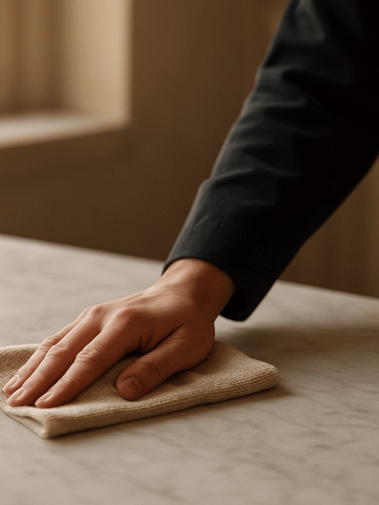 Close-up detail of a hand in a soft dark uniform cleaning a pristine honed marble countertop, soft natural side lighting, warm editorial style