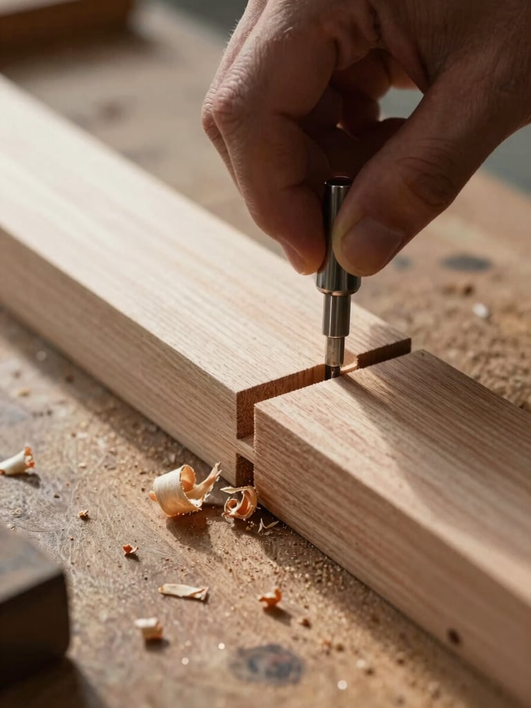Tight overhead close-up of a mortise-and-tenon joint being fitted by hand on a workbench, natural north-facing daylight raking across the grain, wood shavings visible at the edge of the frame