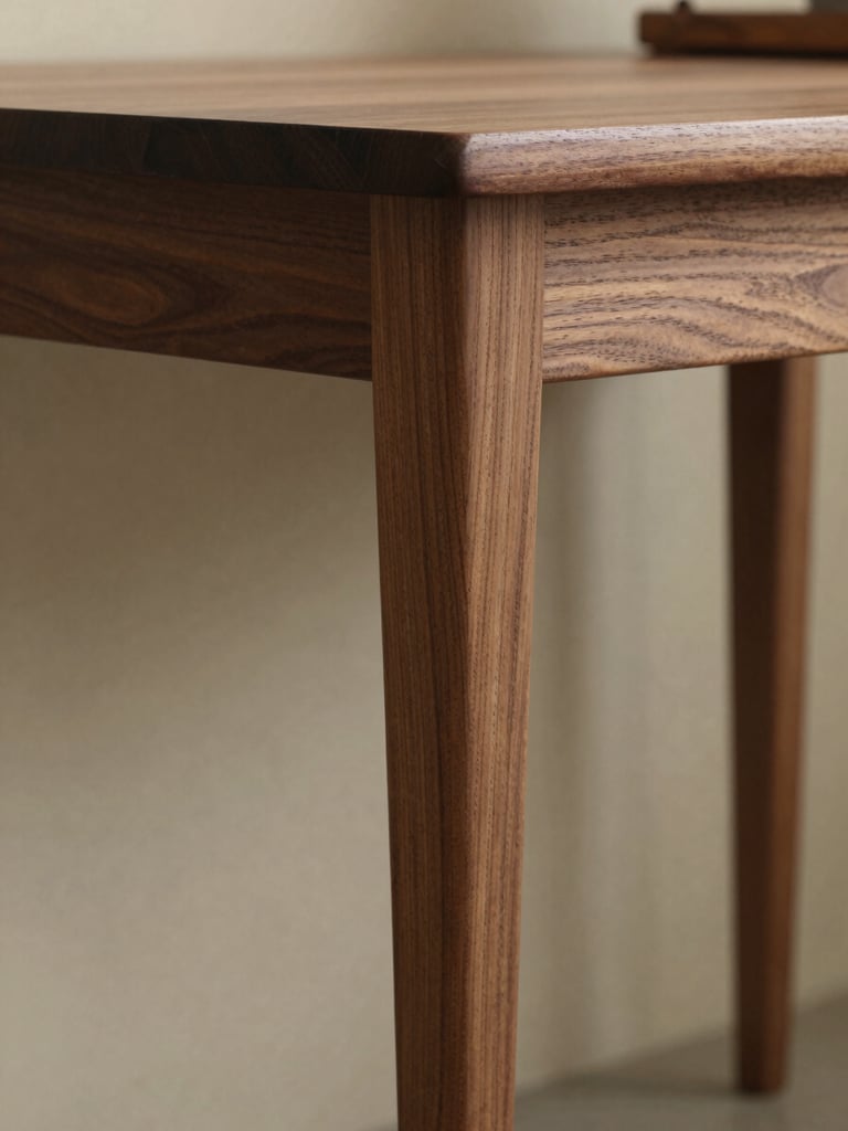 Close-up side view of a solid walnut console table leg and apron joint, tight dovetail visible, north-facing studio daylight raking across the grain, warm-neutral background out of focus